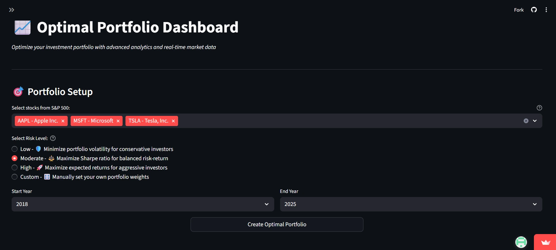 Optimal Portfolio Dashboard Screenshot